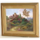 Framed porcelain panel painted with a landscape scene. Condition reports are not available for