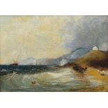 R. Scharpfe, 19th century, Coastal scene with figures and shipping, signed and dated 1881, oil on