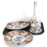 Pair modern Imari chargers, 32cm diameter and Dresden style "Milk Maiden vase" and one piece of