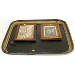 Victorian club-fire papiermache tray and two Victorian needlework pictures Condition reports are not