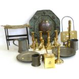 Four pairs of Gorgian/Victorian candlesticks, two chamber sticks, brass/iron trivet, chestnut