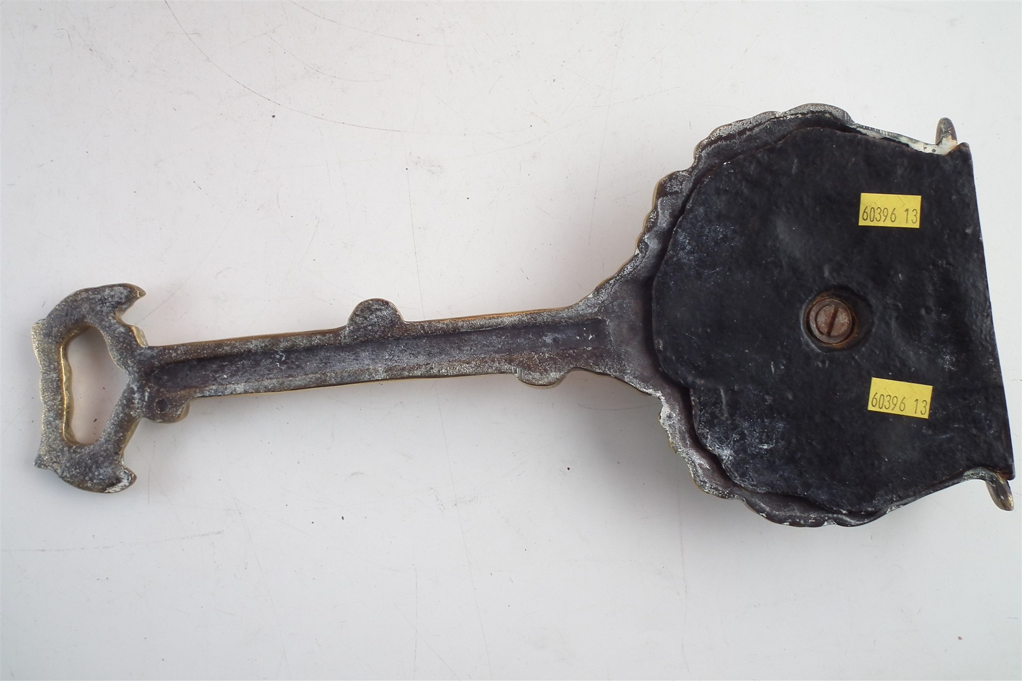 Mid 19th century copper coal helmet, strap-work handles with turned ebonised grip, circular foot - Image 4 of 8