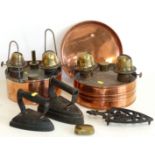 Two cast irons, brass snuff box, two Vibrex double oil burners. Condition reports are not