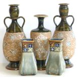 Two pairs of Doulton Lambeth vases and one othwe Condition reports are not available for Interiors