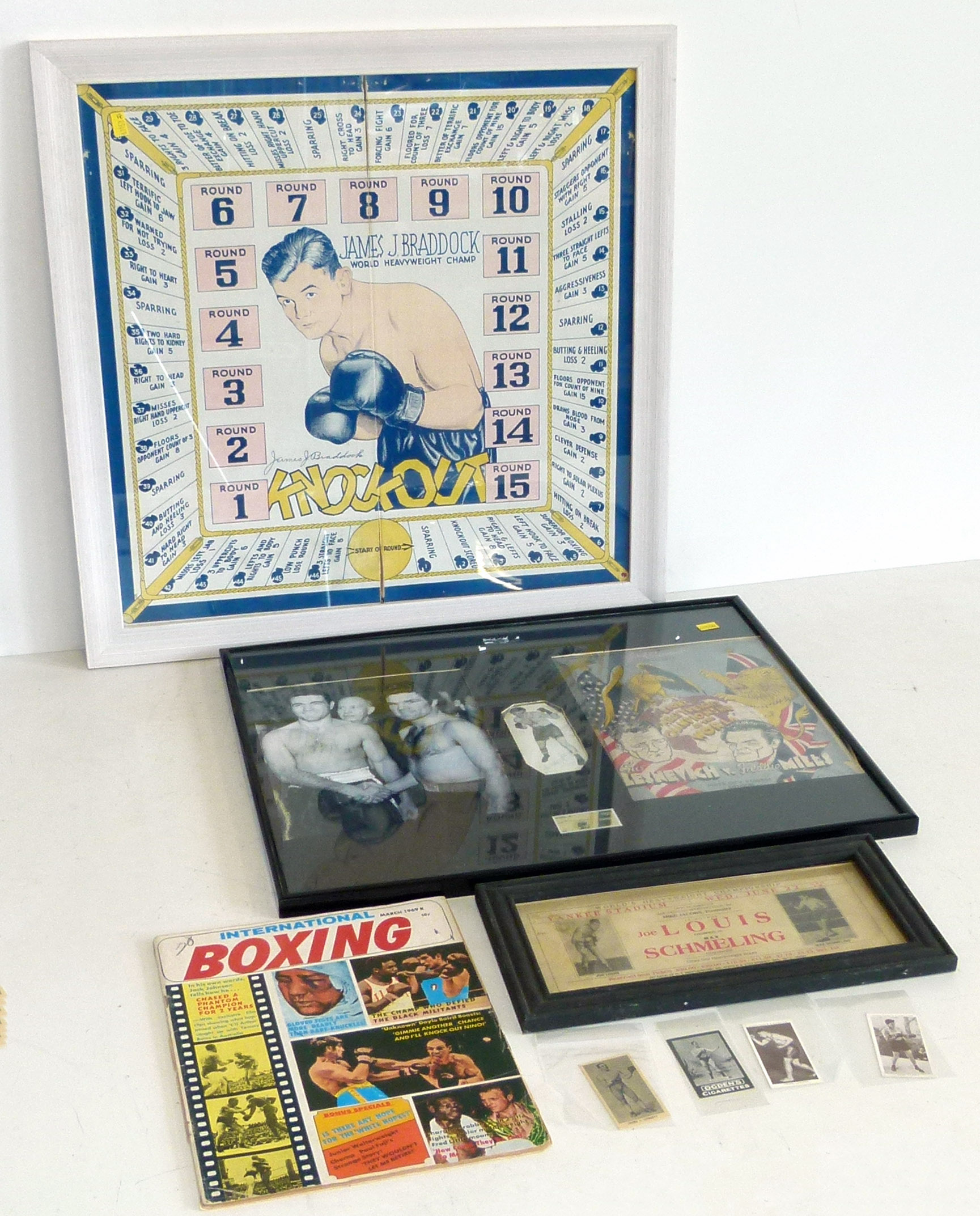 Louis v Schmeling advertisement, James J. Braddock knockout gaming board, program Freddie Mills v