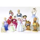 Eight Royal Doulton figures, two Hummel figures and Royal Worcester figure 'Katie'. Condition