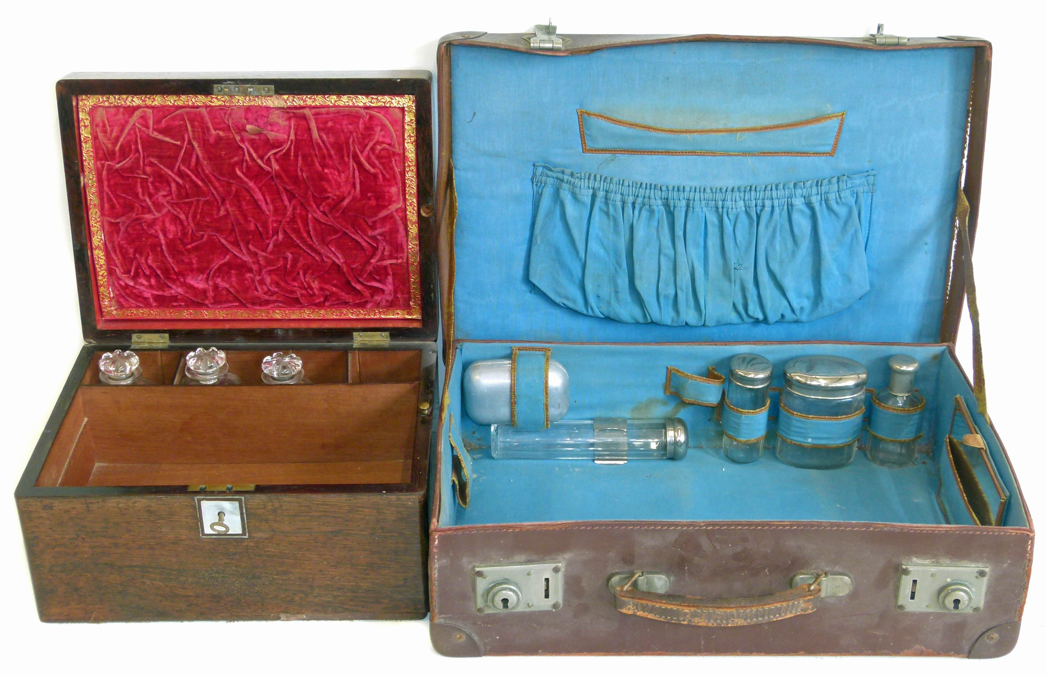 Victorian rosewood and mother of pearl inlaid vanity box and leather travelling case Condition