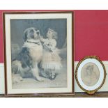 Two framed engravings to include Girl with Dog and gilt framed oval engraving of two Girls