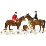 Beswick Huntset including huntsman, hunts woman, girl on pony, and four hounds (chip to hoof of