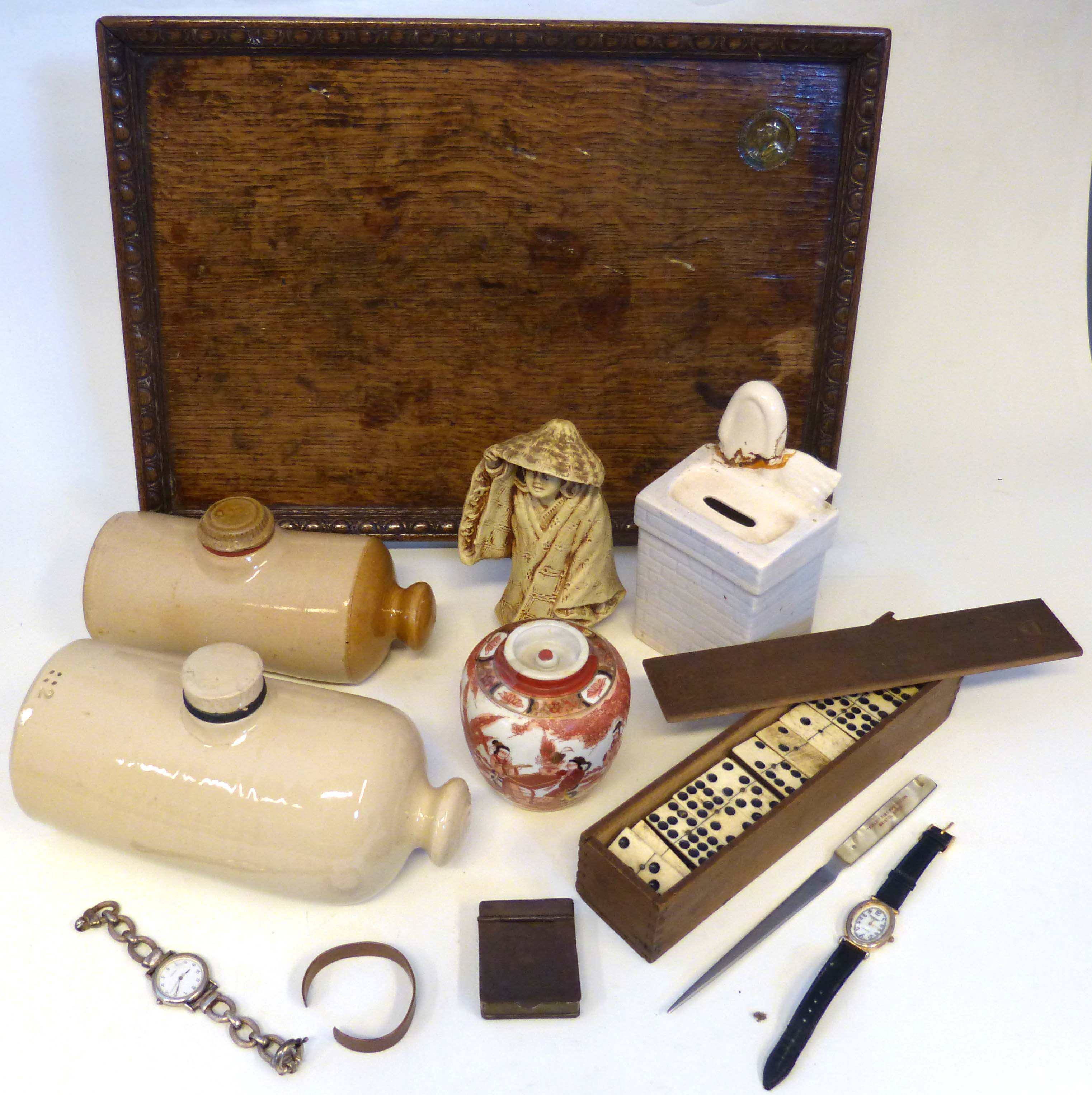 Oak tray inset with 12th May 1937 coronation coin, copper snuff box engraved W.G.J Andrews, curry