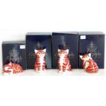 Four Royal Crown Derby cat paperweights with gold stoppers and boxes. Condition reports are not