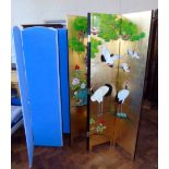 Chinese black lacquered four fold screen and a Victorian screen covered in blue fabric. Condition