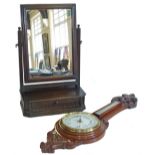 Aneroid barometer with carved oak case, also stained dressing table mirror. Condition reports are