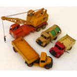 Yellow Dinky Toys Articulated Bedford Lorry, Bedford dust cart, Bedford tipper lorry and Dinky