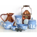 Five pieces of Wedgewood Jasper ware, 1917 Steam Drifters stores, lamp, copper 1/2 gallon jug and