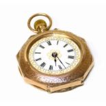 Ladies 9ct gold fob watch, octagonal border with enamelled floral decoration (glass missing)