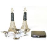 Silver cigarette case, two boat shaped bon bon dishes, silver teaspoon and two cut glass bottles