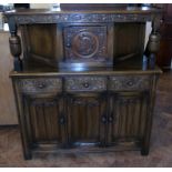 George III style oak court cupboard, 107cm wide. Condition reports are not available for this