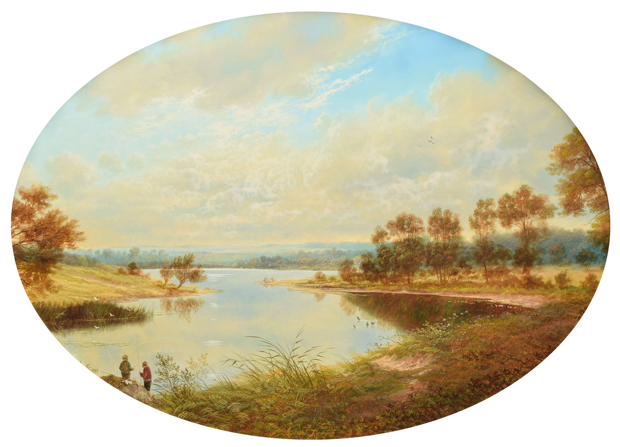 Andrew Grant Kurtis, 20th century, Lake scene with fishermen, signed, oval, oil on board, 48.5 x