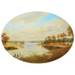 Andrew Grant Kurtis, 20th century, Lake scene with fishermen, signed, oval, oil on board, 48.5 x