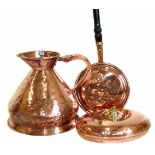 Brass two gallon ale jug, warming pan and a bed warmer. Condition reports are not available for this