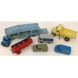 Unboxed Dinky Toys Pullmore car transporter, Bedford Ovaltine van, N.C.B. Electric van (milk float),