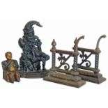 Hall's patent Tammany money box, Mr. Punch doorstop and two Victorian fire iron supports.