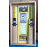 Two cased autographed cricket bats with photos featuring Pakistan vs Australia, world cup 1999