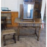 Reproduction oak open dressing table on turned legs, carved frieze drawer, detachable swing frame