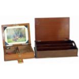 Light oak writing box in the form of a book with fitted interior, also a mahogany cutlery box.