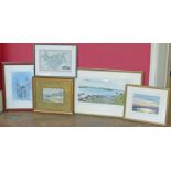 Quantity of various artworks and maps to include watercolour by Arthur Gee, "Pintail over a