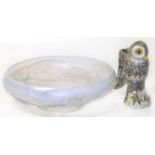 "Barolag" lalique style bowl and a German porcelain owl jug. Condition reports are not available for