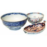Imari Dish in the form of a boat, Meiji bowl and one other Japanese bowl Condition reports are not