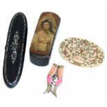 Papier mache pin box and a spectacle case oval ivory panel and novelty corkscrew. Condition