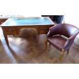 Early 20th century oak office desk with inset top, four drawers with scoop handles, 152 x 83cm