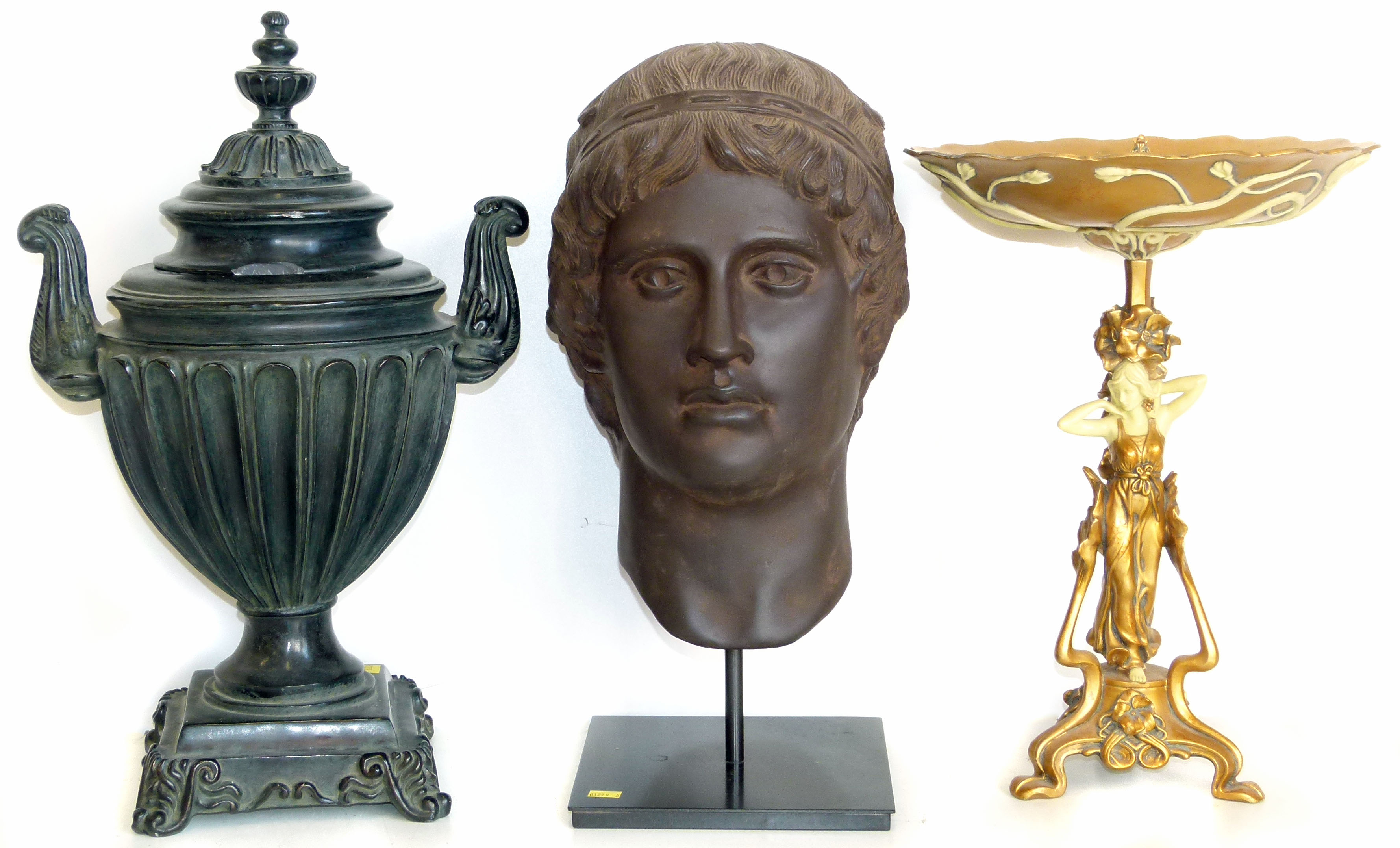 Resin bust of a Roman Emperor, classical urn and gold painted table centre taza. Condition reports