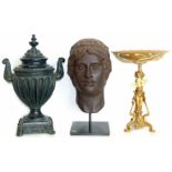 Resin bust of a Roman Emperor, classical urn and gold painted table centre taza. Condition reports