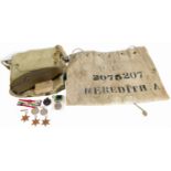 Five George VI service medals, territorial medal army, kit bag a canvas gas mask bag and a forage