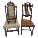 Two Jacobean style oak hall chairs and a small stool Condition reports are not available for this