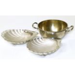 Pair of Silver salts with glass liners (120grams) also a .800 stamped twin handled bowl (154