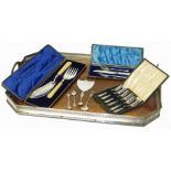 Large plate and wooden tray, Gold & Silversmiths Company, assorted boxed plated cutlery and four