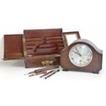 Victorian oak sloped writing box. 8-day mantle clock and four glass cutters Condition reports are