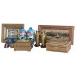 Collection of Indian marquetry work boxes and frames, also a pair of brass and copper vases and