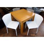 John Lewis four Danish 'Actona' blue/grey dining chairs and an oak Harvey fold-over dining table,