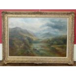 Victorian oil painting of mountain and river scene signed W.R. Ellis. Condition reports are not