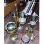 Brass Jardinière stand and stick stand, copper warming pan, Middle Eastern two-handled vase and