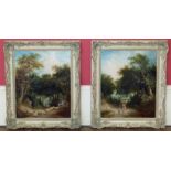 Pair Victorian oil paintings of woodland scenes figures and sheep in foreground 31 x 38cm. Condition