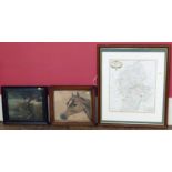 Three framed artworks to include Robert Morden map of Staffordshire, Hand coloured engraving of a