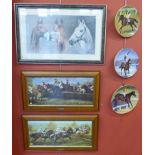 Framed S.L Crawford print "Desert Orchid", "Red Rum" and "Arkle", a pair of framed prints "Down