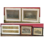 Two framed Quorn hunt prints "The Meet" and "Tally Ho", framed double hunting prints "Death and